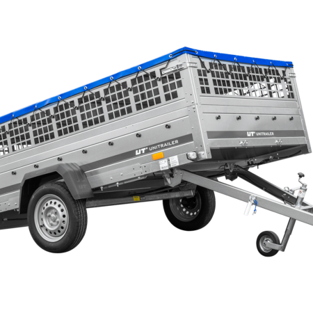 Anhänger 264x150 UNITRAILER GARDEN 265 KIPP mit Gitteraufsatz, Flachplanenträgern und blauer Plane