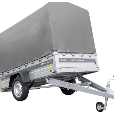 Anhänger mit Blattfedern 230x125 UNITRAILER FORCE 230/R KIPP mit H-1100 Spriegel und grauer Hochplane