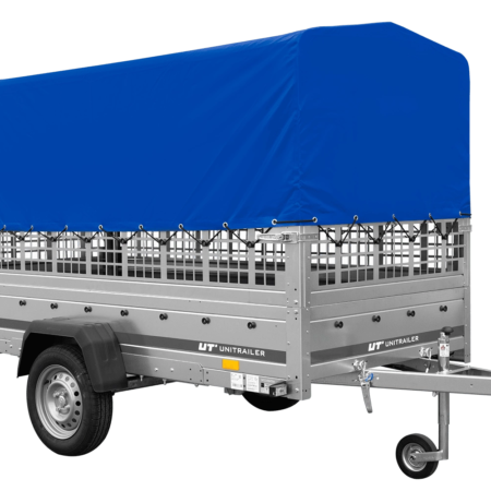 Autotransportanhänger auf Blattfedern 264x125 UNITRAILER GARDEN 264/R KIPP mit Gitterwänden, H-800 Rahmen und blauer Plane