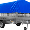 Autotransportanhänger auf Blattfedern 264x150 UNITRAILER GARDEN 265/R KIPP mit Gitterwänden, H-800 Rahmen und blauer Plane