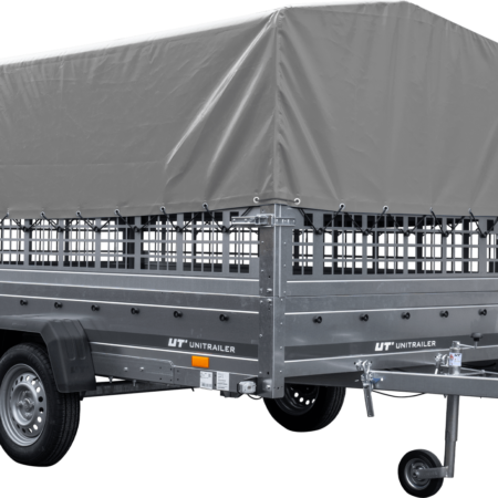 Autotransportanhänger auf Blattfedern 264x150 UNITRAILER GARDEN 265/R KIPP mit Gitterwänden, H-800 Rahmen und grauer Plane