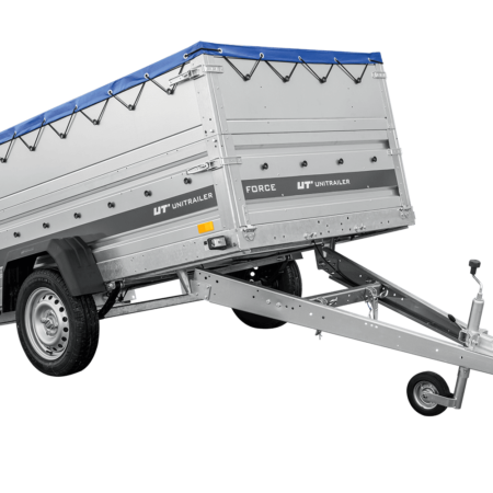 Autotransportanhänger auf Federn 230x125 UNITRAILER FORCE 230/R KIPP mit BIS-Seitenwänden, H-0-Rahmen und blauer Plane