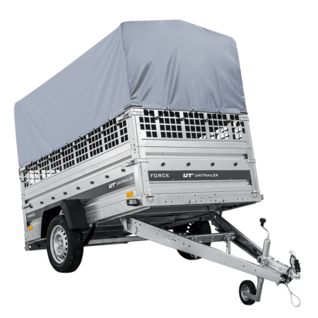 Autotransportanhänger auf Federn 230x125 UNITRAILER FORCE 230/R KIPP mit Gitterwänden, H-800 Rahmen und grauer Plane