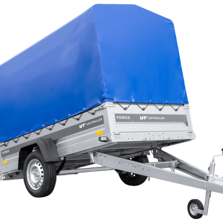 Autotransportanhänger auf Federn 230x125 UNITRAILER FORCE 230/R KIPP mit H-1100 Rahmen und blauer Plane