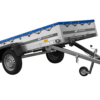 EINACHS-TIEFLADER GARDEN TRAILER 264 KIPP MIT STÜTZRAD, QUERSTREBEN UND BLAUER FLACHPLANE