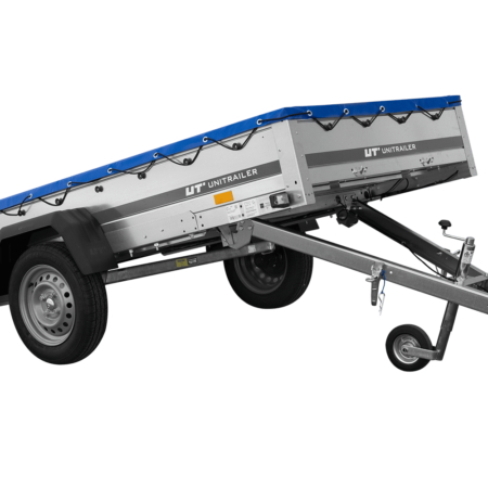 EINACHS-TIEFLADER GARDEN TRAILER 264 KIPP MIT STÜTZRAD, QUERSTREBEN UND BLAUER FLACHPLANE