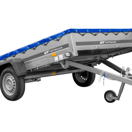 Einachsanhänger 264x150 UNITRAILER GARDEN 265 KIPP mit einem Flachplanenträger und blauer Plane