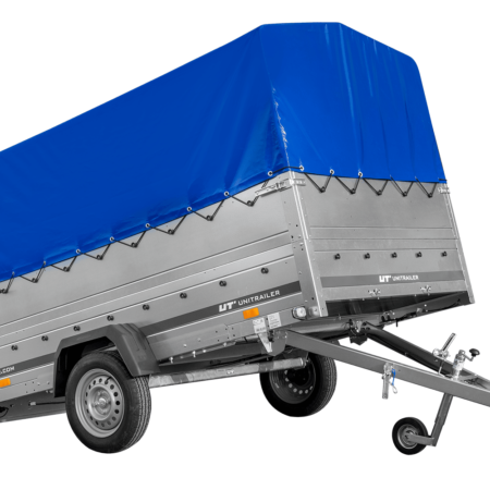 Einachsanhänger 264x150 UNITRAILER GARDEN 265 KIPP mit zusätzlichen Bordwänden, H-800-Hochspriegel und blauer Plane