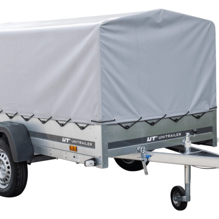 Einachsanhänger auf Blattfedern 230x125 UNITRAILER GARDEN 230/R KIPP mit H-800-Rahmen und grauer Plane