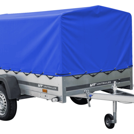 Einachsanhänger mit Blattfedern 230x125 UNITRAILER GARDEN 230/R KIPP mit H-800-Rahmen und blauer Plane