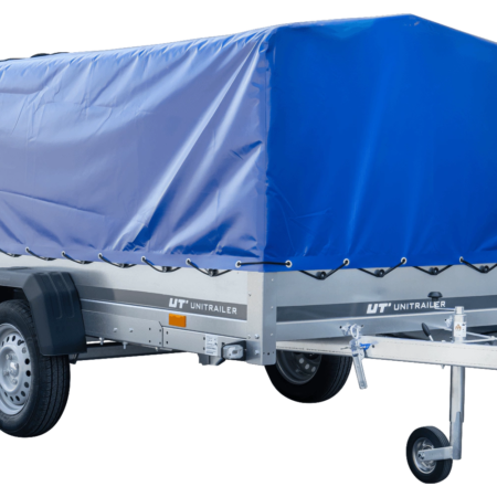 Einachsanhänger mit Blattfedern 264x125 UNITRAILER GARDEN 264/R KIPP mit H-800-Rahmen und blauer Plane
