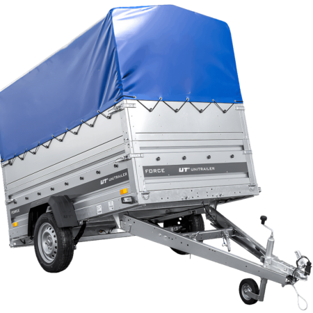 Einachsiger Anhänger auf Blattfedern 230x125 UNITRAILER FORCE 230/R KIPP mit BIS-Seitenwänden, H-800-Rahmen und blauer Plane