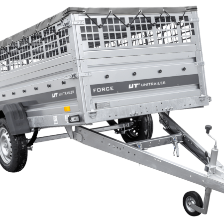 Einachsiger Anhänger auf Blattfedern 264x125 UNITRAILER FORCE 264/R KIPP mit Gitterseitenwänden, H-0-Rahmen und grauer Plane