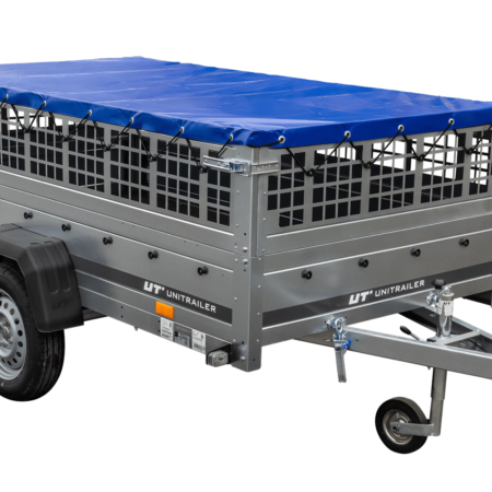 Einachsiger Anhänger auf Blattfedern 264x125 UNITRAILER GARDEN 264/R KIPP mit Gitterseitenwänden, H-0-Rahmen und blauer Plane