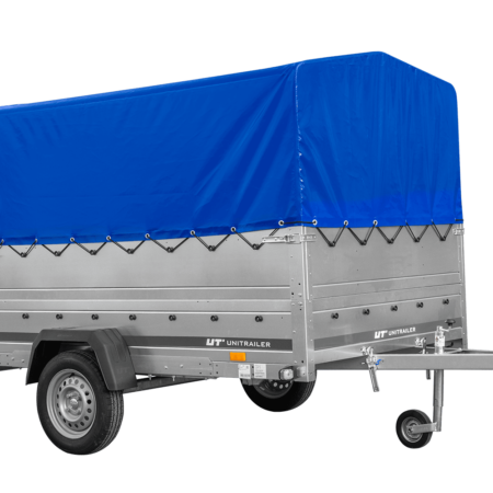 Einachsiger Anhänger auf Blattfedern 264x150 UNITRAILER GARDEN 265/R KIPP mit BIS-Seitenwänden, H-800-Rahmen und blauer Plane
