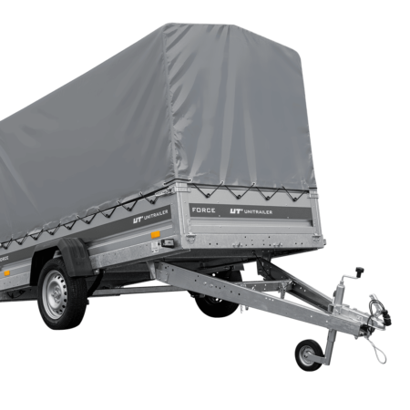 Einachsiger Anhänger mit Blattfedern 264x125 UNITRAILER FORCE 264/R KIPP mit H-1100 Rahmen und grauer Plane