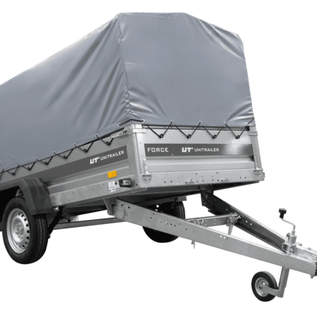 Einachsiger Anhänger mit Blattfedern 264x125 UNITRAILER FORCE 264/R KIPP mit H-800 Spriegel und grauer Plane