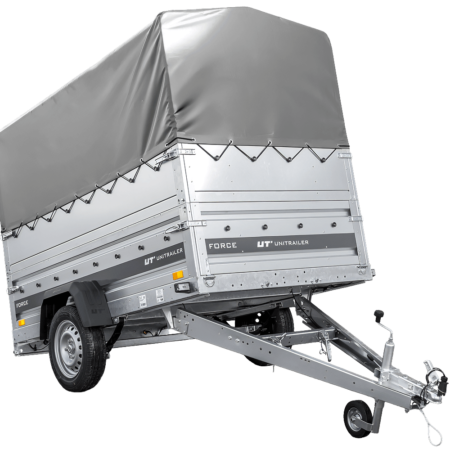 Einachsiger Federanhänger 230x125 UNITRAILER FORCE 230/R KIPP mit BIS-Seitenwänden, H-800-Rahmen und grauer Plane