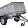 Kippbarer Pkw Anhänger GARDEN TRAILER 200 KIPP mit zusätzlichen Bordwänden, Stützrad und Flachplane – Flache graue plane