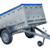 Kippbarer Pkw Anhänger GARDEN TRAILER 200 KIPP mit zusätzlichen Bordwänden, Stützrad und Flachplane – Flache blaue plane