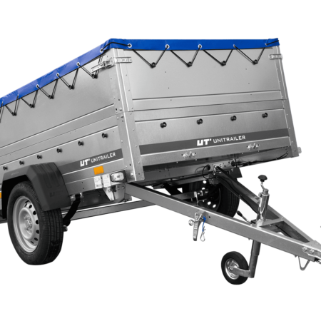 Leichtanhänger auf Blattfedern 200x125 UNITRAILER GARDEN 201/R KIPP mit BIS-Seiten, H-0-Rahmen und blauer Plane