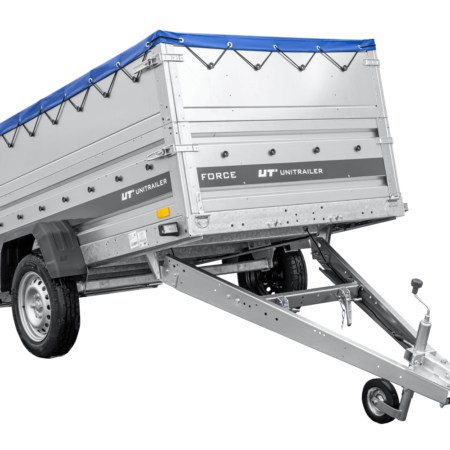 Leichter Anhänger 230x125 UNITRAILER FORCE 230 KIPP mit BIS-Seitenwänden, H-0-Rahmen und blauer Plane