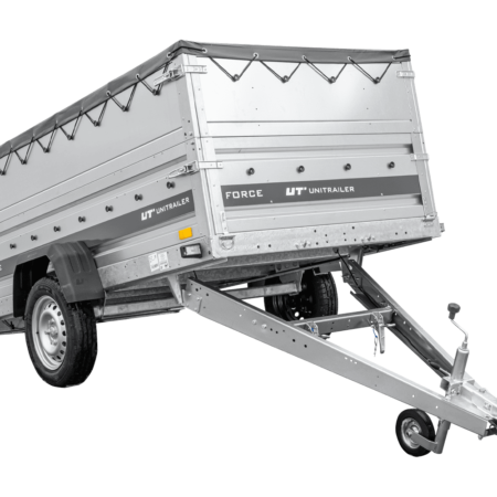 Leichter Anhänger 230x125 UNITRAILER FORCE 230 KIPP mit BIS-Seitenwänden, H-0-Rahmen und grauer Plane