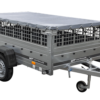 Leichter Anhänger auf Blattfedern 230x125 UNITRAILER GARDEN 230/R KIPP mit Gitterwänden, H-0-Rahmen und grauer Plane
