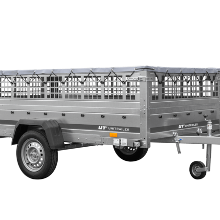 Leichter Anhänger auf Blattfedern 264x150 UNITRAILER GARDEN 265/R KIPP mit Gitterwänden, H-0 Rahmen und grauer Plane