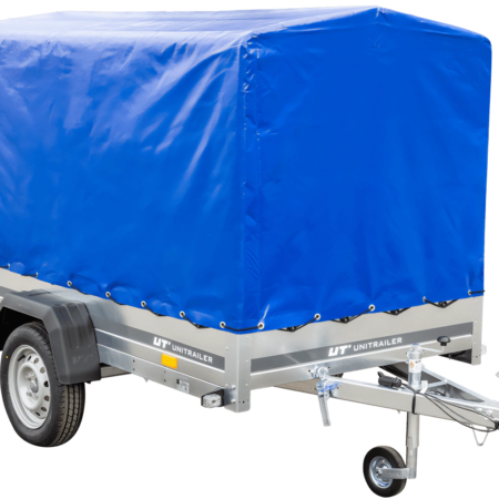 PKW-Anhänger auf Blattfedern 230x125 UNITRAILER GARDEN 230/R KIPP mit H-1100 Rahmen und blauer Plane