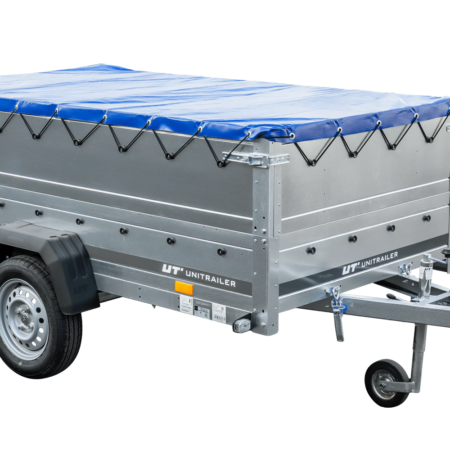 PKW-Anhänger auf Federn 230x125 UNITRAILER GARDEN 230/R KIPP mit BIS-Bordwänden, H-0-Rahmen und blauer Plane