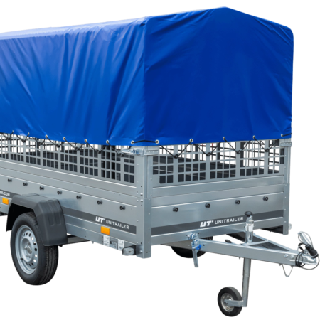 PKW-Anhänger auf Federn 230x125 UNITRAILER GARDEN 230/R KIPP mit Gitterwänden, H-800-Rahmen und blauer Plane