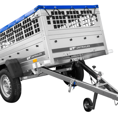 Pkw Planenanhänger GARDEN TRAILER 200 KIPP mit Laubgitteraufsatz, Stützrad, Flachplane und Planenträger – Flache blaue plane