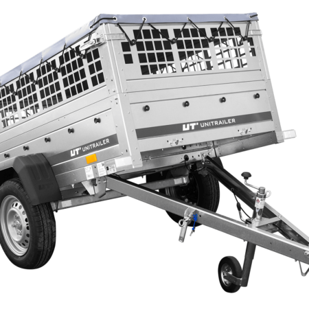 Pkw Planenanhänger GARDEN TRAILER 200 KIPP mit Laubgitteraufsatz, Stützrad, Flachplane und Planenträger – Flache graue plane
