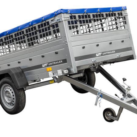 Pkw Transport Anhänger 230x125 Garden Trailer 230 KIPP mit Laubgitteraufsatz, blauer Flachplane, Planenträgern und Stützrad