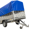 Planenanhänger 230x125 Garden Trailer 230 KIPP mit Laubgitteraufsatz, blauer Hochplane, Hochspriegel und Stützrad