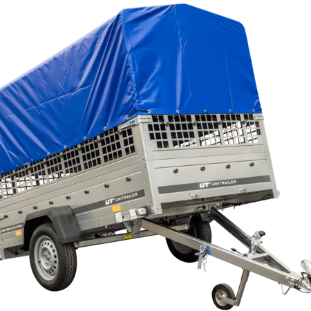 Planenanhänger 230x125 Garden Trailer 230 KIPP mit Laubgitteraufsatz, blauer Hochplane, Hochspriegel und Stützrad