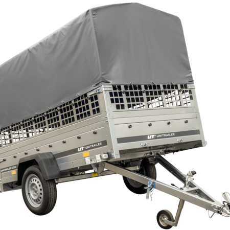 Planenanhänger 230x125 Garden Trailer 230 KIPP mit Laubgitteraufsatz, grauer Hochplane, Hochspriegel und Stützrad